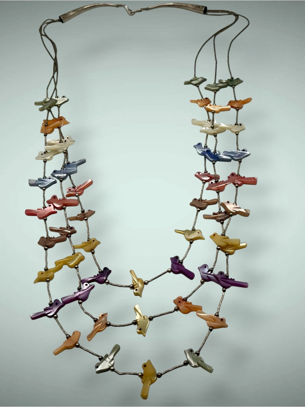 Vtg Native American Zuni 3-Strand Rainbow Bird Fetish Necklace Sterling Silver - Picture 5 of 13